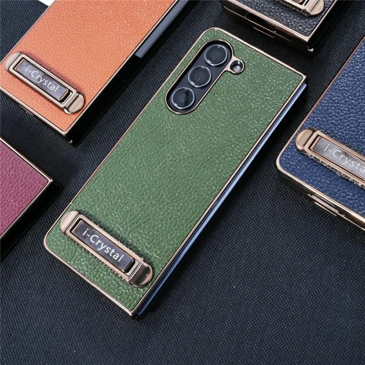 For Samsung Galaxy Z Fold6 5G Case Electroplated Leather + PC Phone Cover with Invisible Kickstand - Green