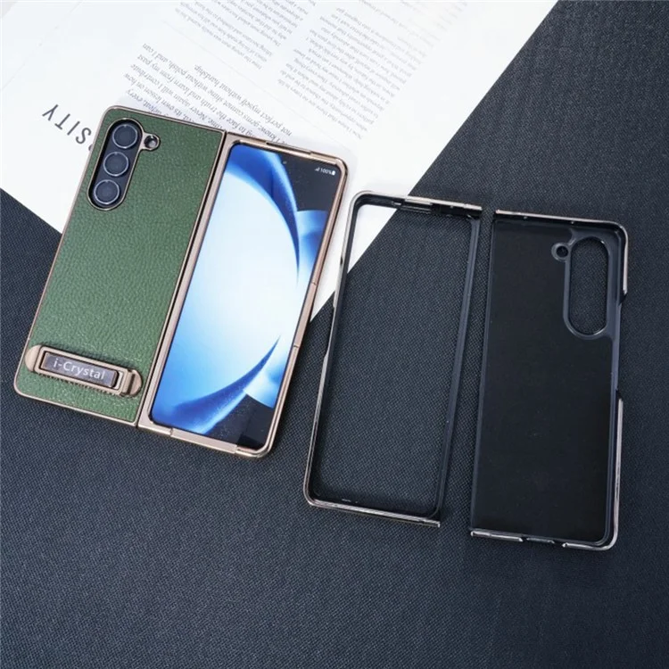 For Samsung Galaxy Z Fold6 5G Case Electroplated Leather + PC Phone Cover with Invisible Kickstand - Green