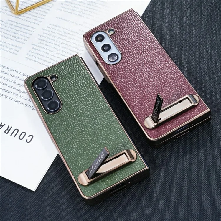 For Samsung Galaxy Z Fold6 5G Case Electroplated Leather + PC Phone Cover with Invisible Kickstand - Green