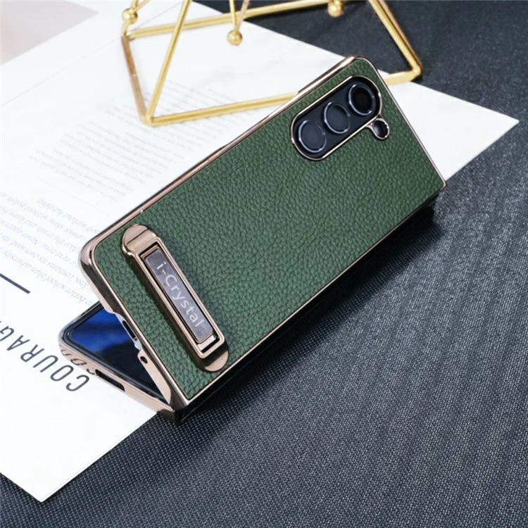 For Samsung Galaxy Z Fold6 5G Case Electroplated Leather + PC Phone Cover with Invisible Kickstand - Green