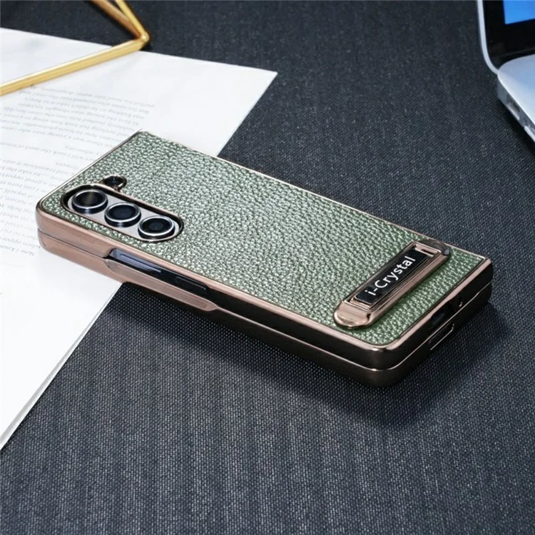 For Samsung Galaxy Z Fold6 5G Case Electroplated Leather + PC Phone Cover with Invisible Kickstand - Green