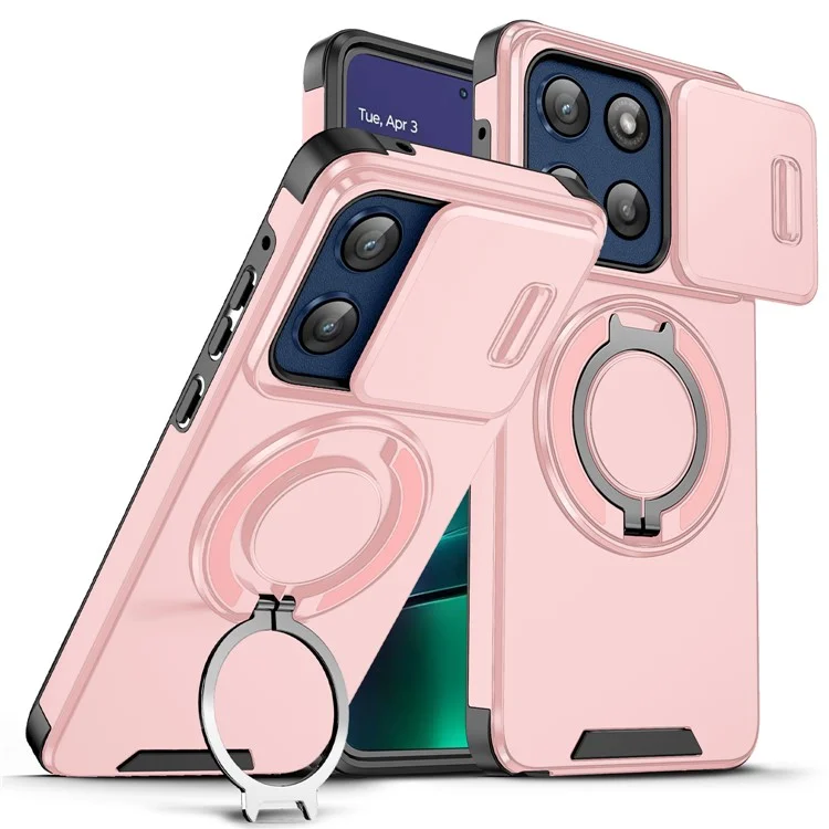 For Motorola Moto G Stylus 5G (2025) Case Metal Ring Kickstand PC + TPU Phone Back Cover with Slide Camera Cover - Pink