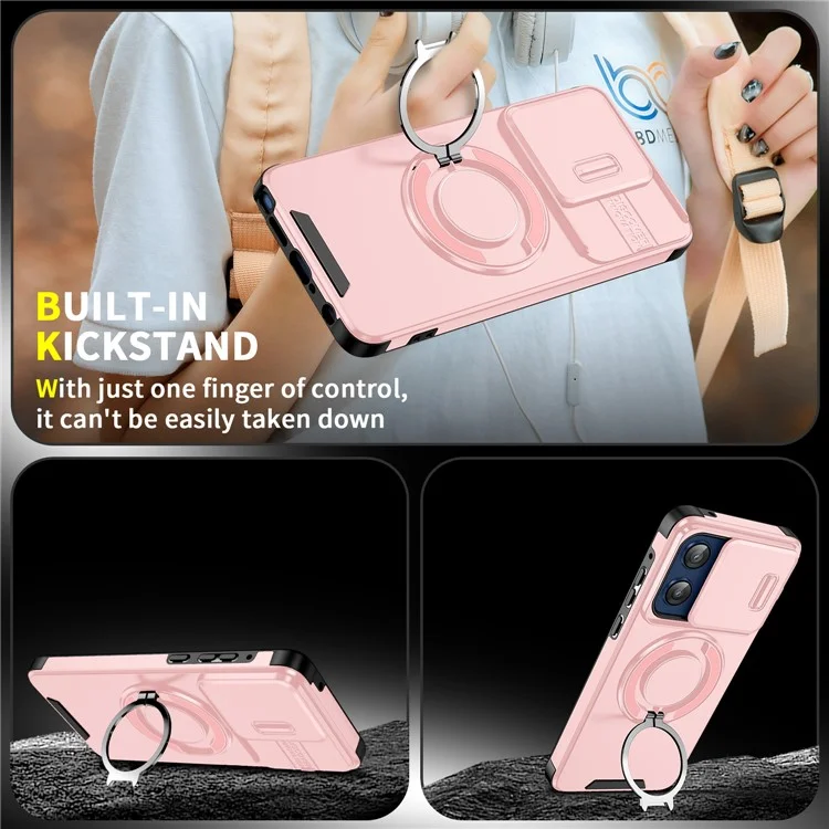 For Motorola Moto G Stylus 5G (2025) Case Metal Ring Kickstand PC + TPU Phone Back Cover with Slide Camera Cover - Pink