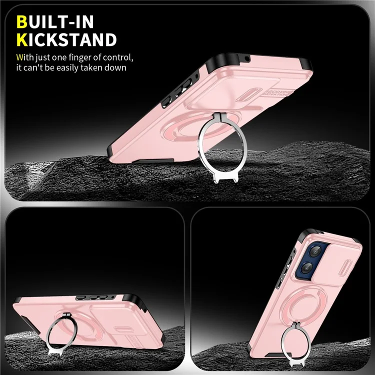 For Motorola Moto G Stylus 5G (2025) Case Metal Ring Kickstand PC + TPU Phone Back Cover with Slide Camera Cover - Pink
