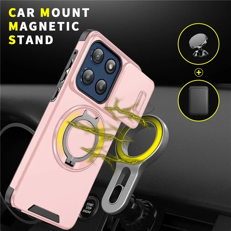 For Motorola Moto G Stylus 5G (2025) Case Metal Ring Kickstand PC + TPU Phone Back Cover with Slide Camera Cover - Pink