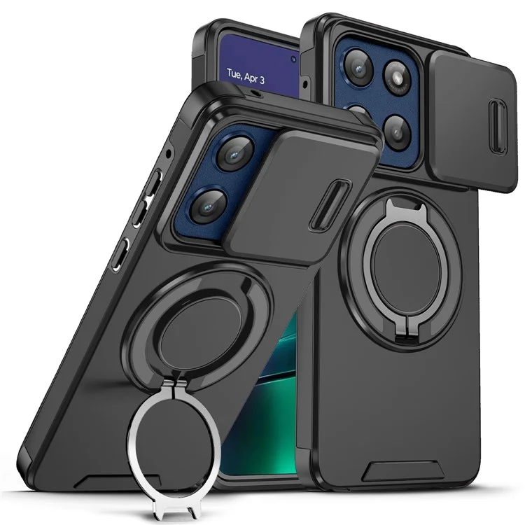 For Motorola Moto G Stylus 5G (2025) Case Metal Ring Kickstand PC + TPU Phone Back Cover with Slide Camera Cover - Black