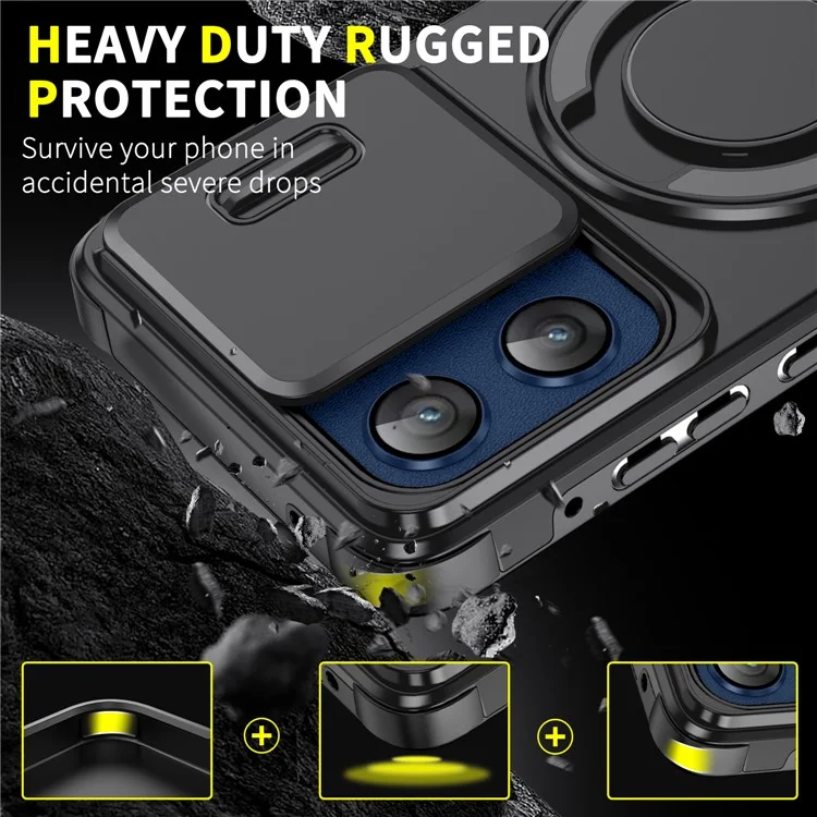 For Motorola Moto G Stylus 5G (2025) Case Metal Ring Kickstand PC + TPU Phone Back Cover with Slide Camera Cover - Black