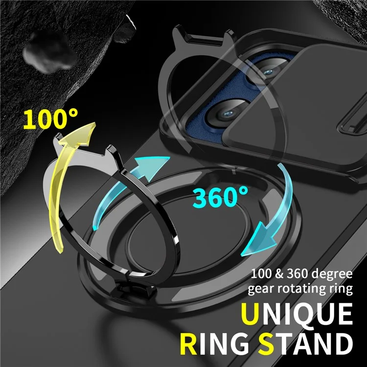For Motorola Moto G Stylus 5G (2025) Case Metal Ring Kickstand PC + TPU Phone Back Cover with Slide Camera Cover - Black