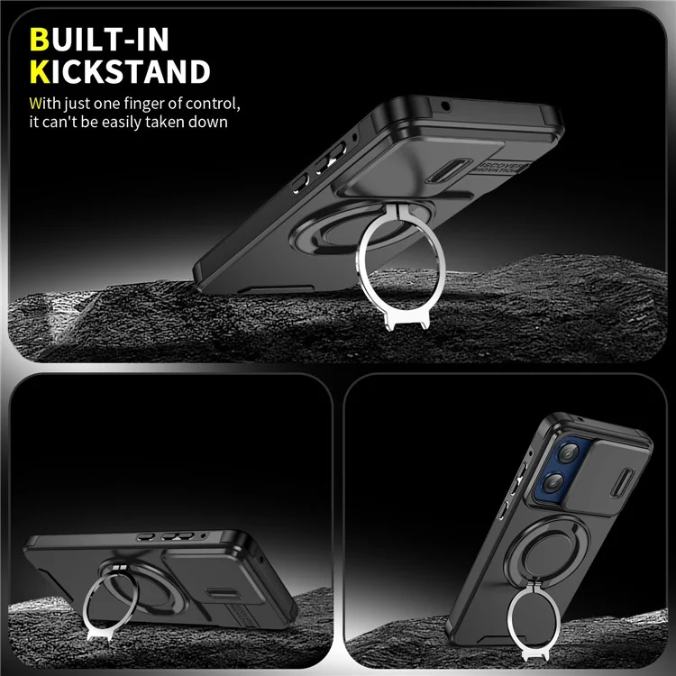 For Motorola Moto G Stylus 5G (2025) Case Metal Ring Kickstand PC + TPU Phone Back Cover with Slide Camera Cover - Black