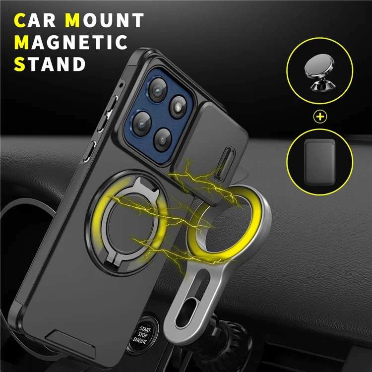 For Motorola Moto G Stylus 5G (2025) Case Metal Ring Kickstand PC + TPU Phone Back Cover with Slide Camera Cover - Black