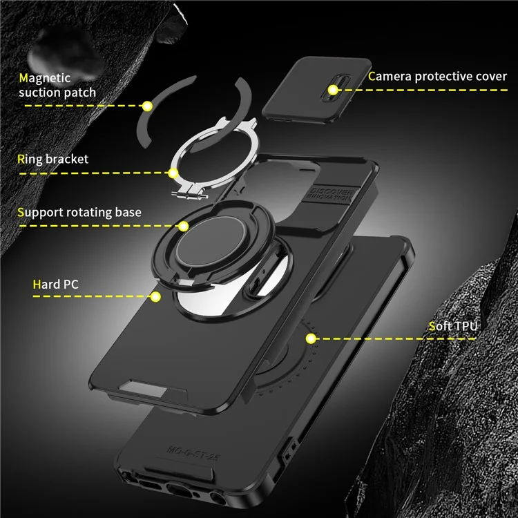 For Motorola Moto G Stylus 5G (2025) Case Metal Ring Kickstand PC + TPU Phone Back Cover with Slide Camera Cover - Black