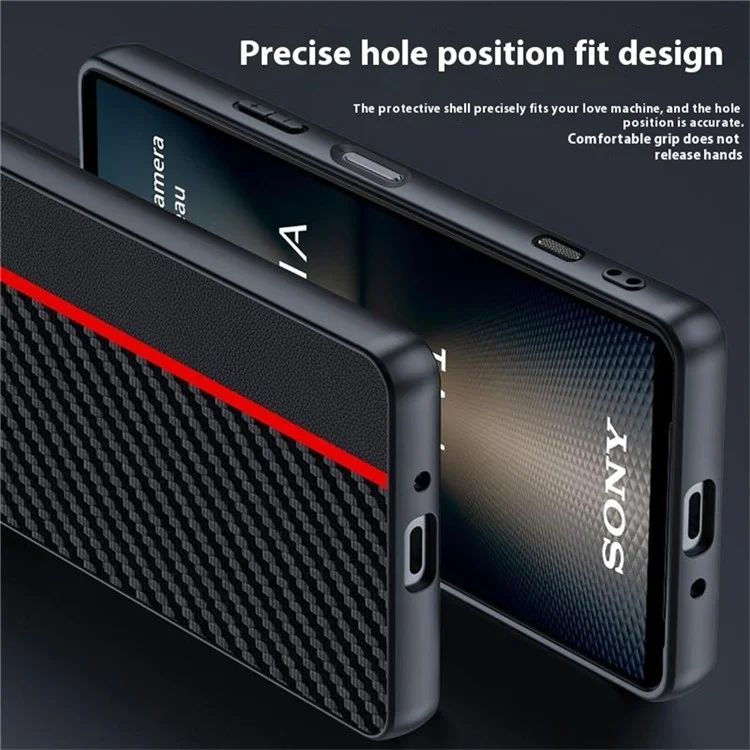 Capa para Sony Xperia 1 VII em Couro + Capa Rígida de PC com Textura de Fibra de Carbono - Preto / Vermelho