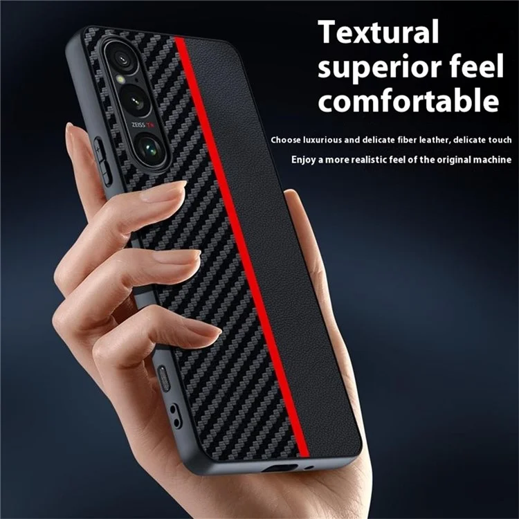 Capa para Sony Xperia 1 VII em Couro + Capa Rígida de PC com Textura de Fibra de Carbono - Preto / Vermelho