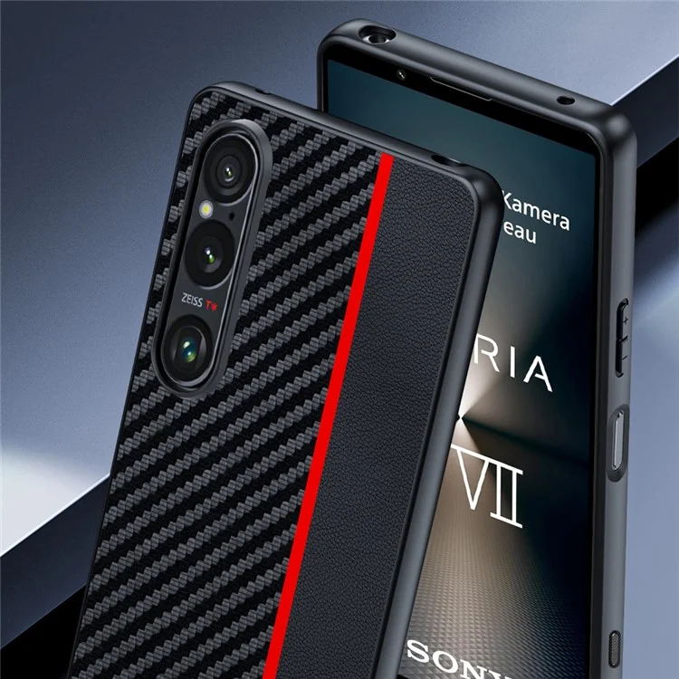 Capa para Sony Xperia 1 VII em Couro + Capa Rígida de PC com Textura de Fibra de Carbono - Preto / Vermelho