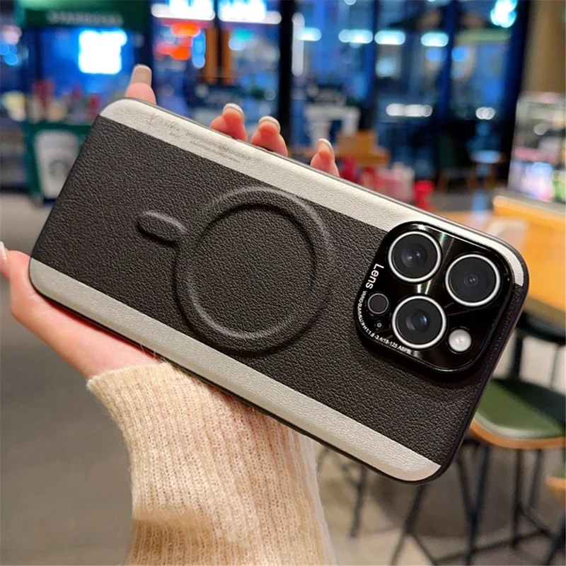 For iPhone 16 Pro Max Case Compatible with MagSafe Splicing Color PC + PU Leather Phone Back Cover - Black