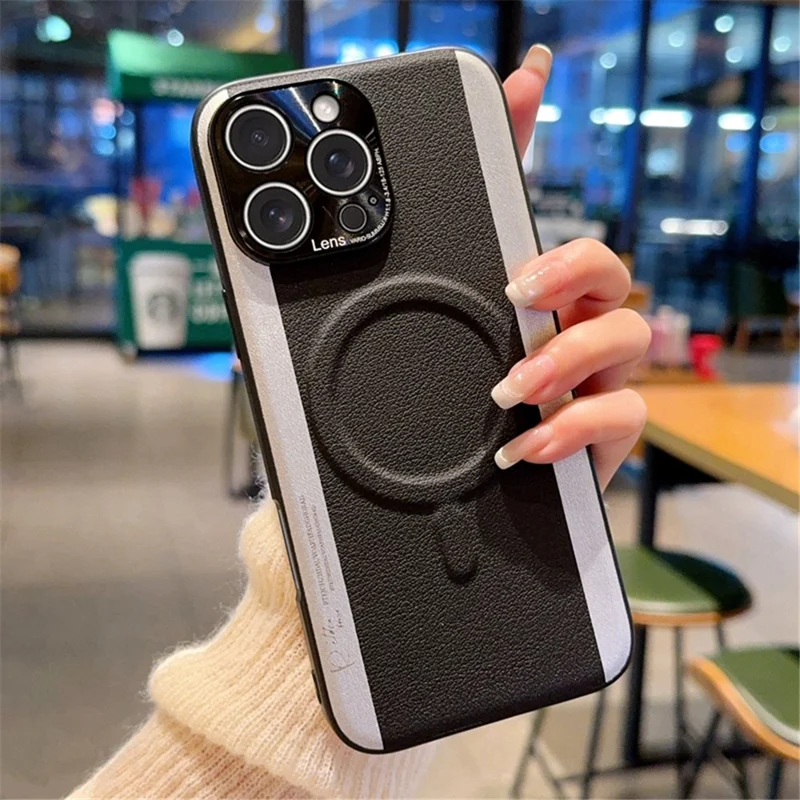 For iPhone 16 Pro Case Compatible with MagSafe Splicing Color PC + PU Leather Phone Back Cover - Black