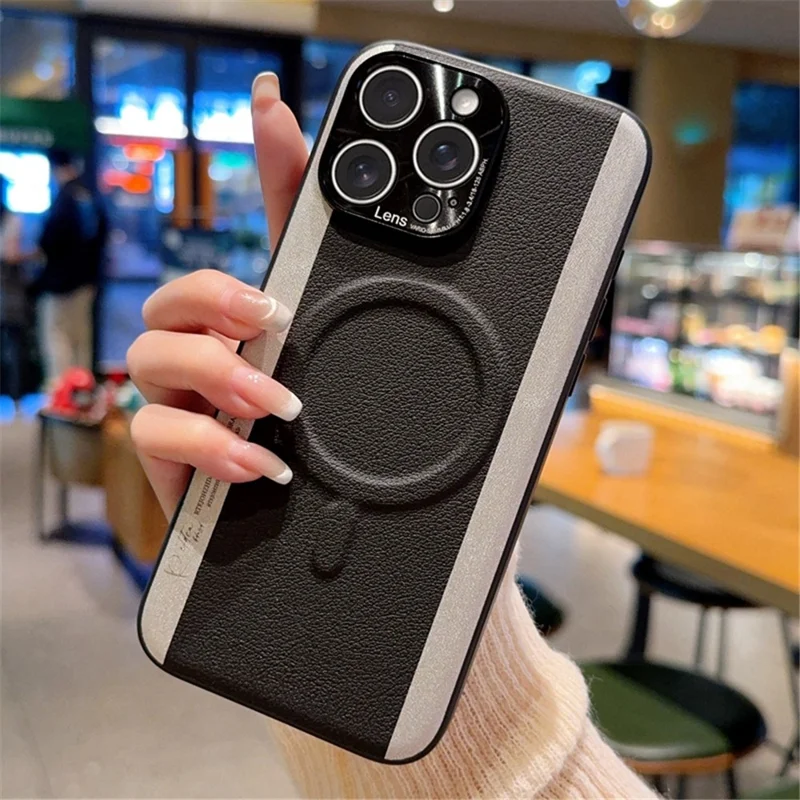 For iPhone 15 Pro Max Case Compatible with MagSafe Splicing Color PC + PU Leather Phone Back Cover - Black