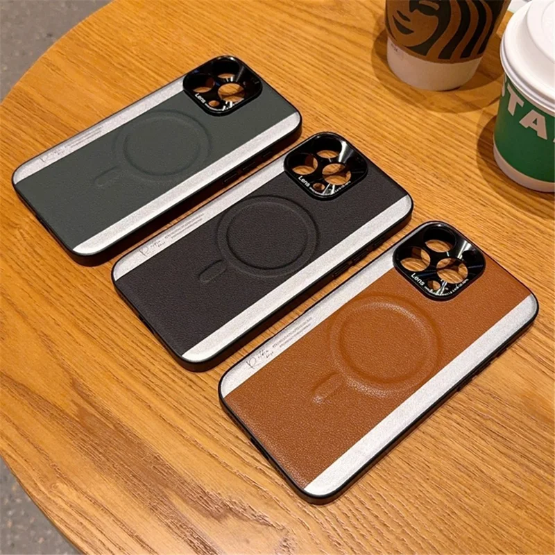 For iPhone 15 Pro Max Case Compatible with MagSafe Splicing Color PC + PU Leather Phone Back Cover - Black