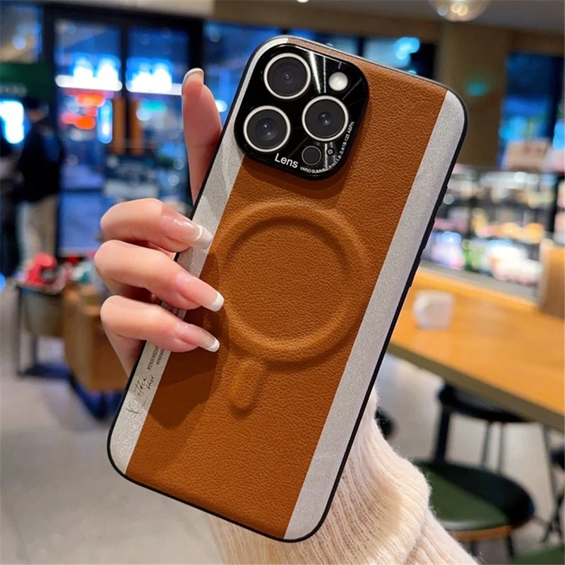 For iPhone 15 Pro Max Case Compatible with MagSafe Splicing Color PC + PU Leather Phone Back Cover - Brown