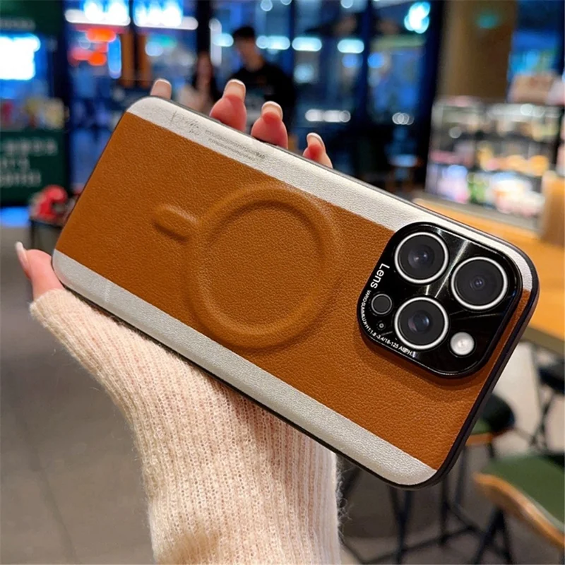 For iPhone 15 Pro Max Case Compatible with MagSafe Splicing Color PC + PU Leather Phone Back Cover - Brown