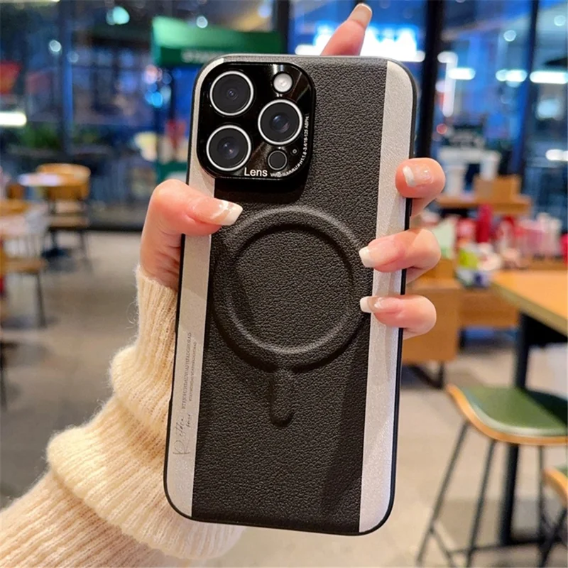 Cover per iPhone 15 Pro Compatibile con MagSafe, Custodia in PC e Pelle PU con Design a Contrasto di Colori - Nero
