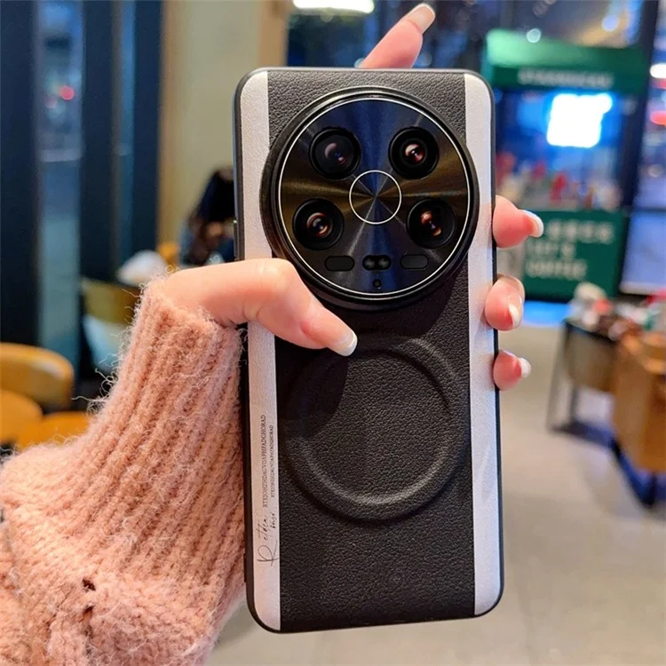 Для Xiaomi 14 Ultra Чехол, совместимый с MagSafe, сплошное цветное ПК + PU кожаная задняя крышка телефона - черный