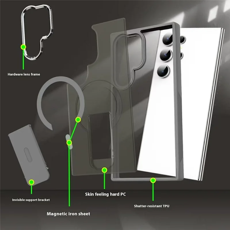 Capa compatível com Samsung Galaxy S25 Ultra, com suporte, em PC + TPU, com MagSafe - Cinza Titânio