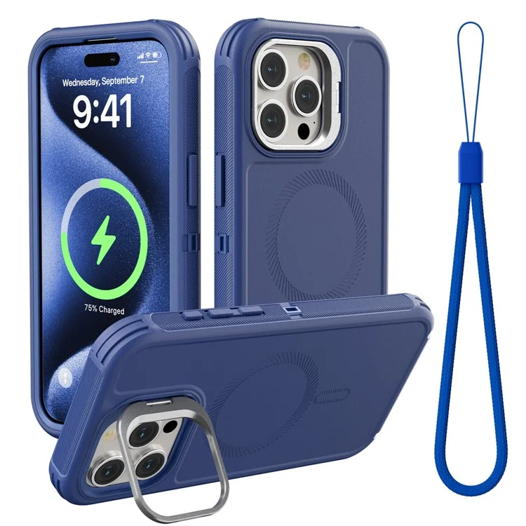Per iPhone 15 Pro Custodia magnetica Custodia con supporto per obiettivo 3 in 1 Staccabile TPU + PC Custodia posteriore per telefono con cordino - Blu scuro