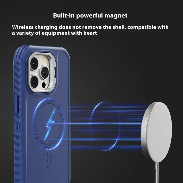 Per iPhone 15 Pro Custodia magnetica Custodia con supporto per obiettivo 3 in 1 Staccabile TPU + PC Custodia posteriore per telefono con cordino - Blu scuro