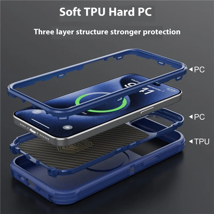 Per iPhone 15 Pro Custodia magnetica Custodia con supporto per obiettivo 3 in 1 Staccabile TPU + PC Custodia posteriore per telefono con cordino - Blu scuro