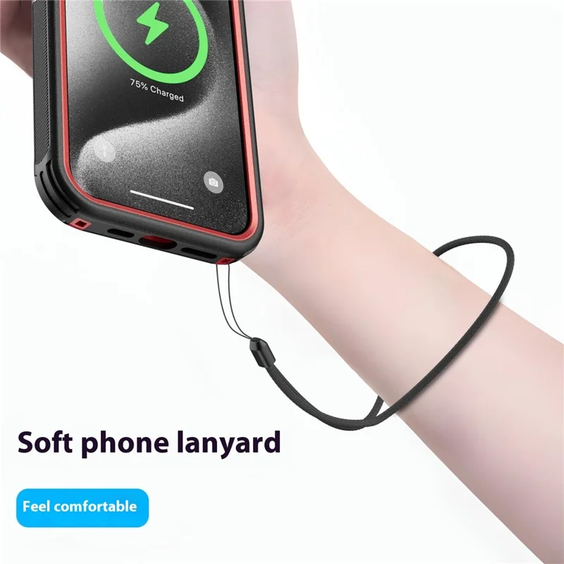 For iPhone 15 Pro Magnetic Case Lens Kickstand 3 in 1 Detachable TPU + PC Phone Back Cover with Lanyard - Black  /  Red
