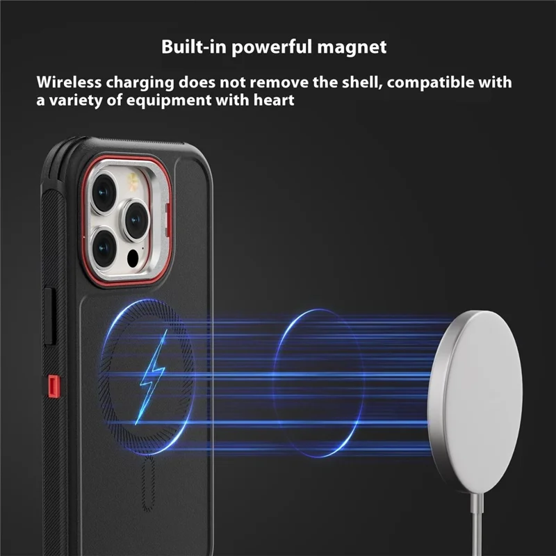 For iPhone 15 Pro Magnetic Case Lens Kickstand 3 in 1 Detachable TPU + PC Phone Back Cover with Lanyard - Black  /  Red
