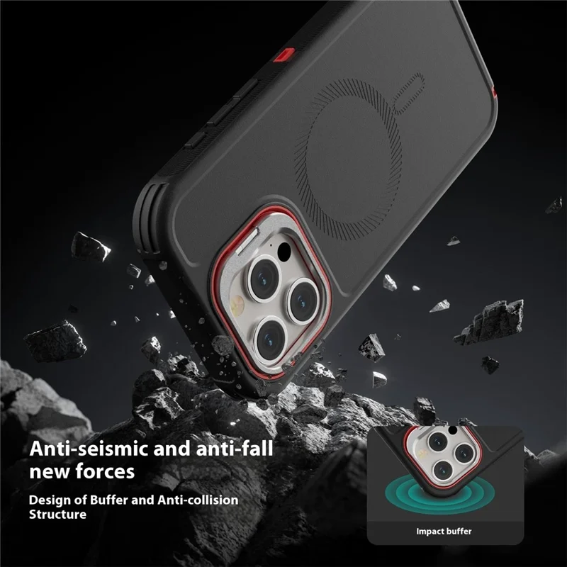 For iPhone 15 Pro Magnetic Case Lens Kickstand 3 in 1 Detachable TPU + PC Phone Back Cover with Lanyard - Black  /  Red