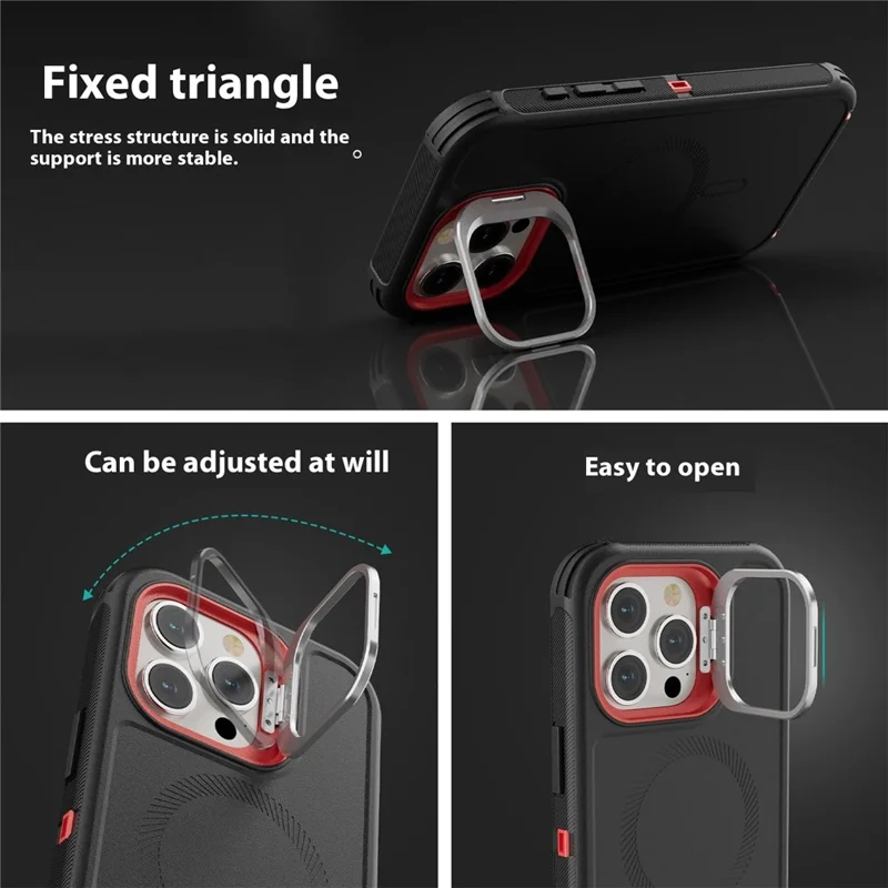For iPhone 15 Pro Magnetic Case Lens Kickstand 3 in 1 Detachable TPU + PC Phone Back Cover with Lanyard - Black  /  Red
