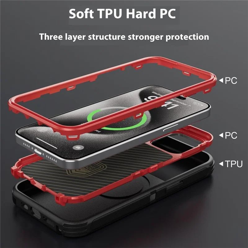 For iPhone 15 Pro Magnetic Case Lens Kickstand 3 in 1 Detachable TPU + PC Phone Back Cover with Lanyard - Black  /  Red