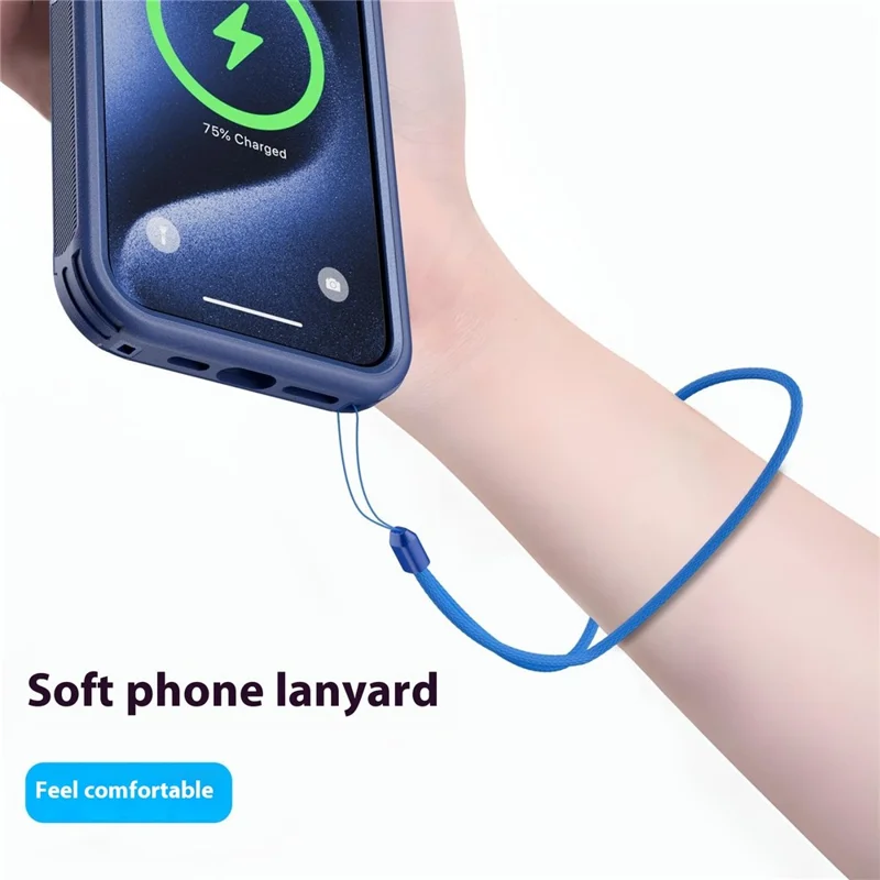 Cover per iPhone 15 Pro Max Magnetico con Supporto per Lenti, 3 in 1 Staccabile TPU + PC Custodia Posteriore con Cordino - Blu Scuro