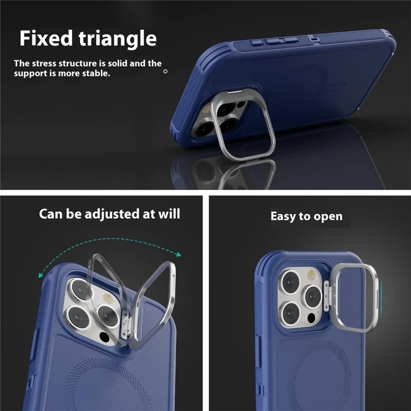 Cover per iPhone 15 Pro Max Magnetico con Supporto per Lenti, 3 in 1 Staccabile TPU + PC Custodia Posteriore con Cordino - Blu Scuro