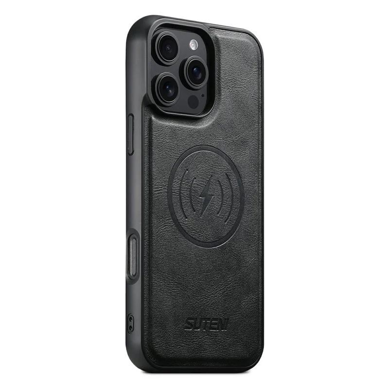 SUTENI G5 For iPhone 16 Pro Case Compatible with MagSafe Cowhide Texture Leather Back Cover - Black
