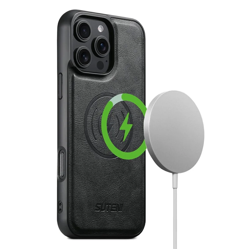 SUTENI G5 For iPhone 16 Pro Case Compatible with MagSafe Cowhide Texture Leather Back Cover - Black