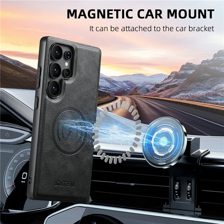 SUTENI G5 Funda para Samsung Galaxy S24 Ultra Compatible con MagSafe de Cuero con Textura de Piel de Vaca - Negro