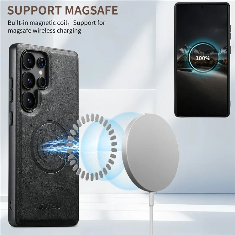 SUTENI G5 Funda para Samsung Galaxy S24 Ultra Compatible con MagSafe de Cuero con Textura de Piel de Vaca - Negro