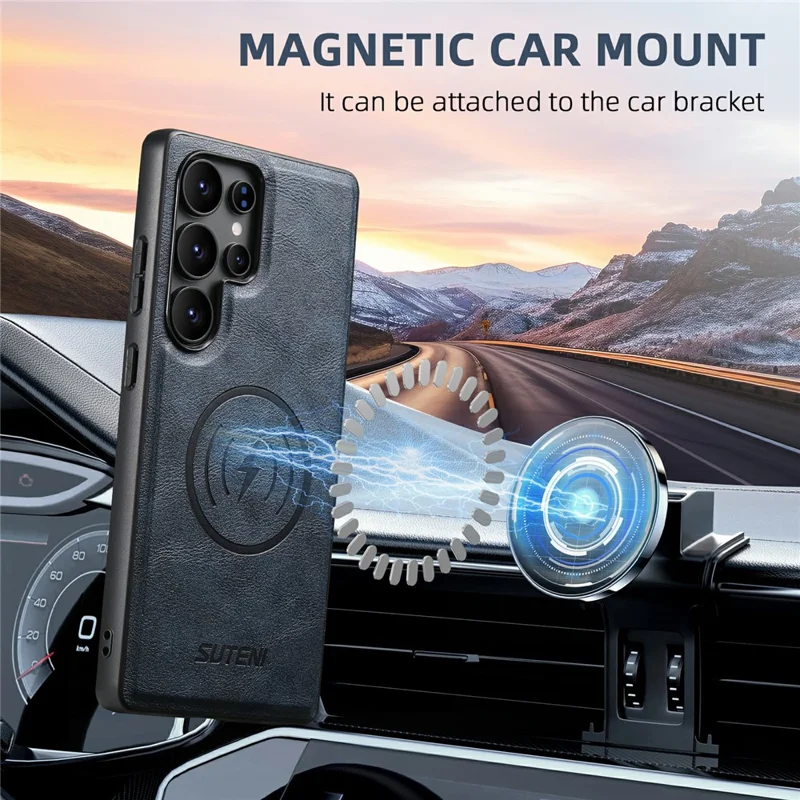 SUTENI G5 For Samsung Galaxy S24 Ultra Magnetic Case Cowhide Texture Leather Back Cover - Blue