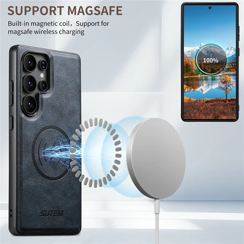 SUTENI G5 For Samsung Galaxy S24 Ultra Magnetic Case Cowhide Texture Leather Back Cover - Blue