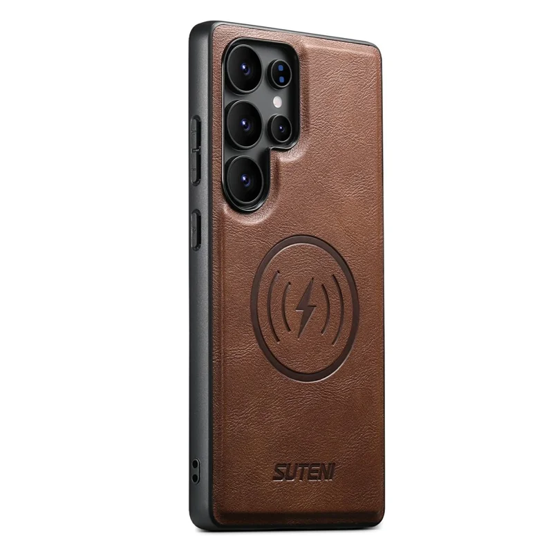 SUTENI G5 For Samsung Galaxy S22 Ultra 5G Magnetic Case Cowhide Texture Leather Back Cover - Brown