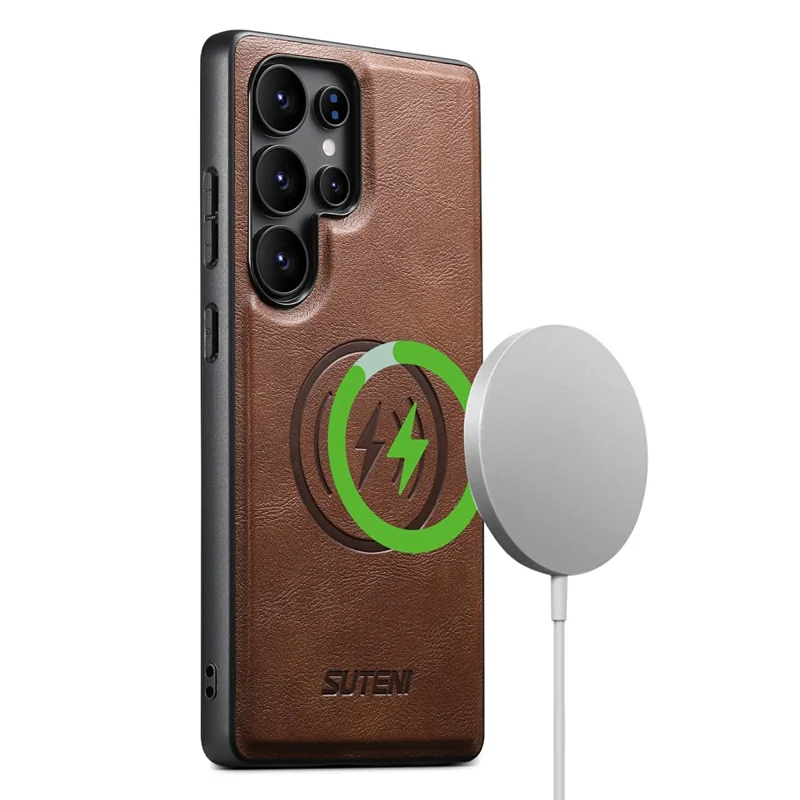 SUTENI G5 For Samsung Galaxy S22 Ultra 5G Magnetic Case Cowhide Texture Leather Back Cover - Brown