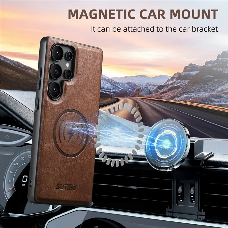 SUTENI G5 For Samsung Galaxy S22 Ultra 5G Magnetic Case Cowhide Texture Leather Back Cover - Brown