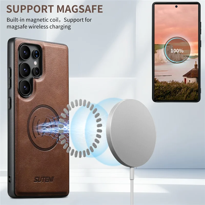 SUTENI G5 For Samsung Galaxy S22 Ultra 5G Magnetic Case Cowhide Texture Leather Back Cover - Brown
