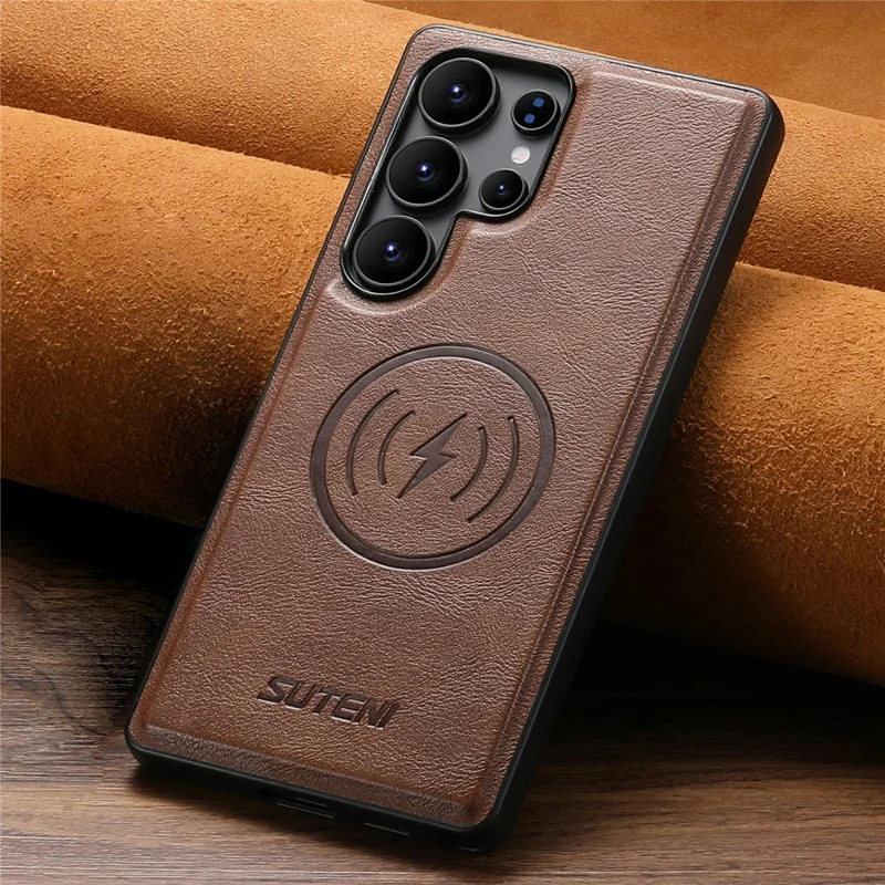 SUTENI G5 For Samsung Galaxy S22 Ultra 5G Magnetic Case Cowhide Texture Leather Back Cover - Brown