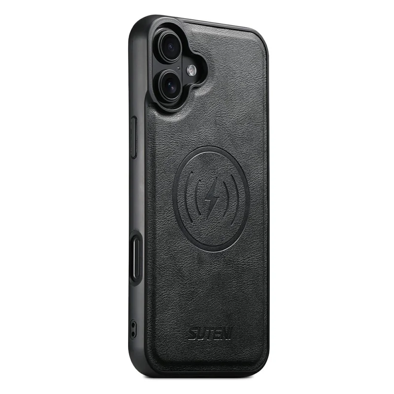 SUTENI G5 For iPhone 16 Case Compatible with MagSafe Cowhide Texture Leather Back Cover - Black