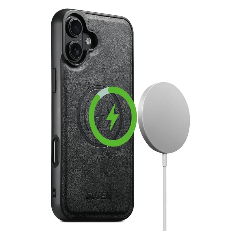 SUTENI G5 For iPhone 16 Case Compatible with MagSafe Cowhide Texture Leather Back Cover - Black